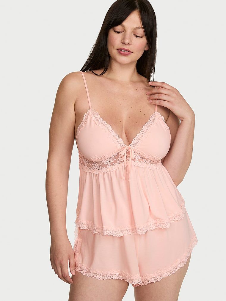 Set de dormit modal - top cu bretele și pantaloni scurți SoSoft. Produsul este roz și provine din colecția Victoria's Secret.