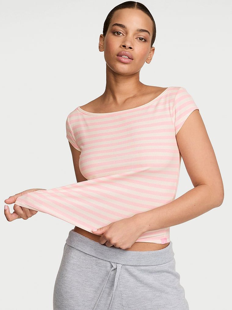 Angel Essentials Tricou cu nervuri și decolteu barcă, stilul emblematic VS