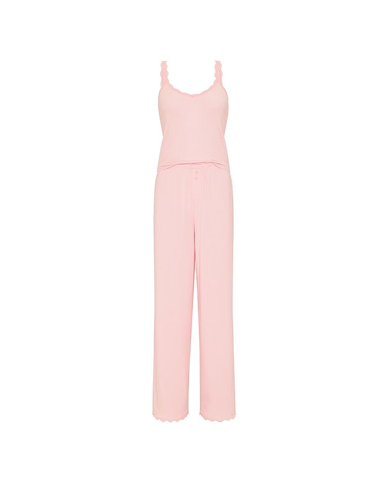 Set de dormit - top cu bretele și pantaloni lungi Pointelle. Produsul este roz și provine din colecția Victoria's Secret.