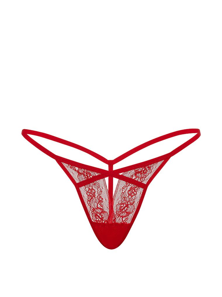 Tanga cu decupaj și dantelă cu bretele. Produsul este roșu și provine din colecția Very Sexy.