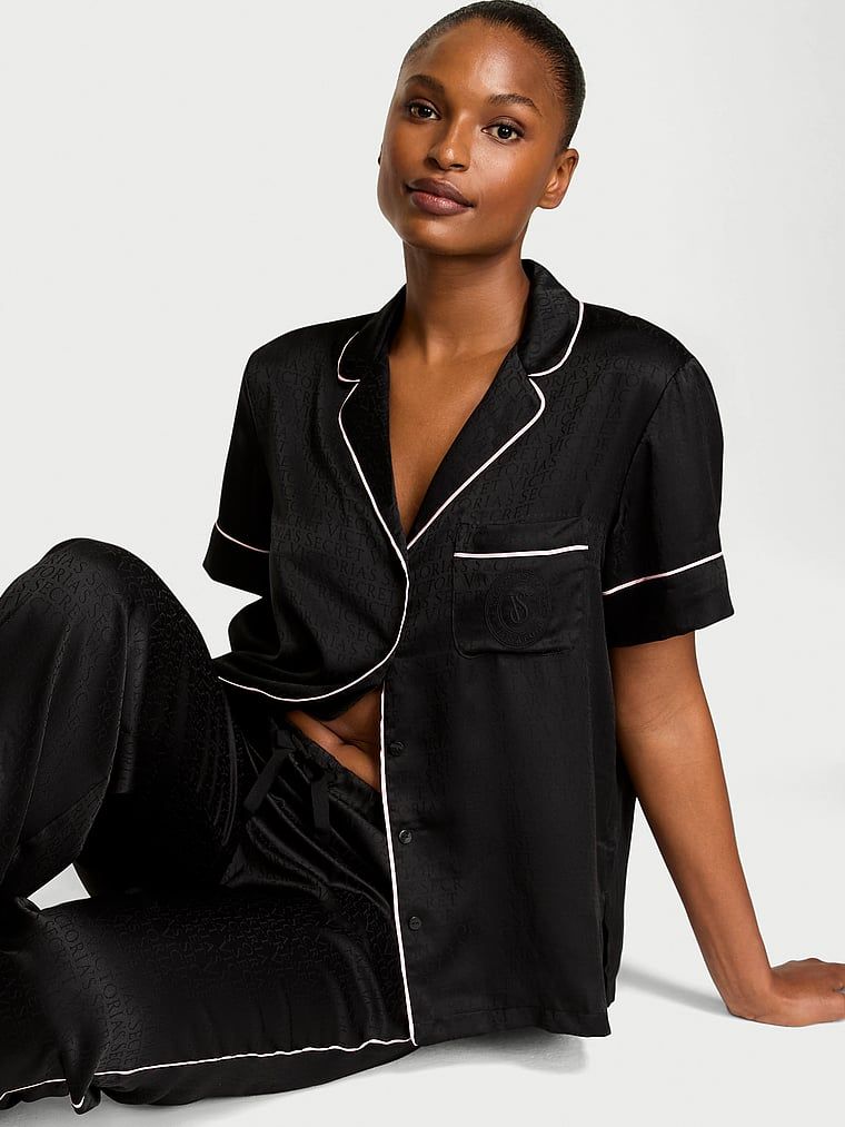 Victorias Secret Set pijama lungă cu bluză cu mâneci scurte, din satin, Glazed