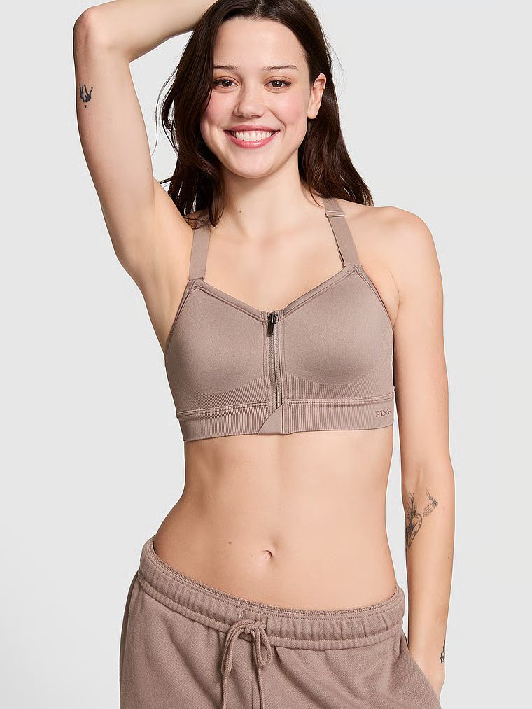 PINK Sutien Air pentru sport fără cusături, cu o susținere ridcată și închidere în față