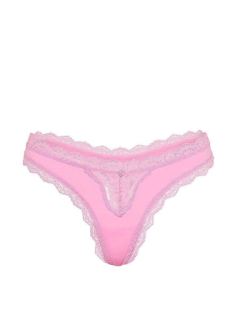 Tanga cu dantelă și margini în dantelă. Produsul este roz și provine din colecția Dream Angels.