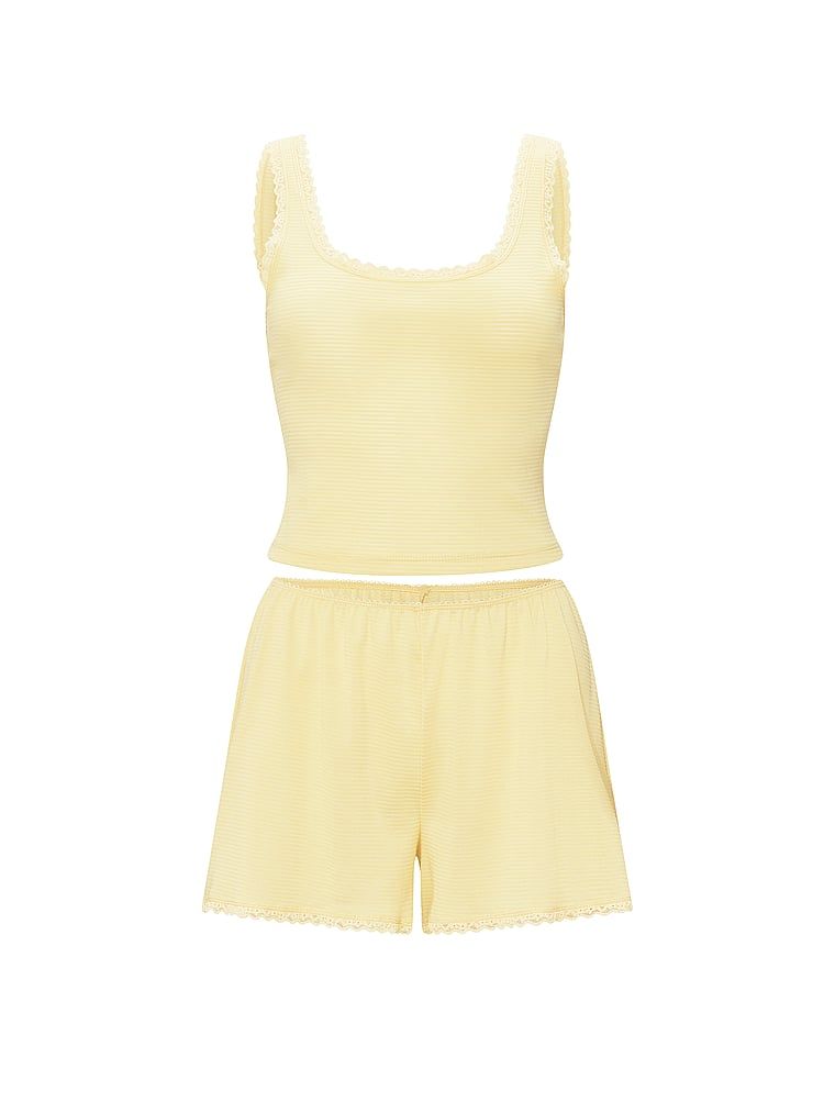 Set de dormit din bumbac - top și pantaloni scurți Shadow Stripe. Produsul este galben și provine din colecția Victoria's Secret.