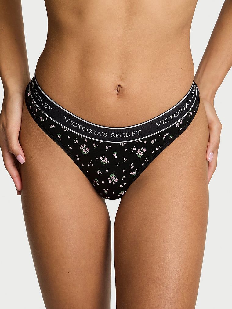 Tanga de bumbac cu logo la talie. Produsul are un model floral și provine din colecția Bumbac.