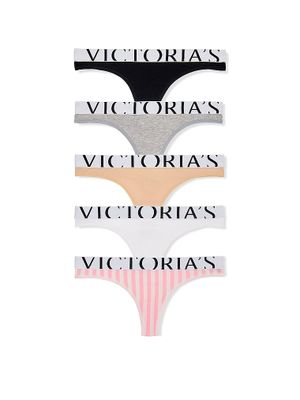 Victoria's Secret Set de 5 perechi de chiloți Tanga din bumbac, cu logo supradimensionat