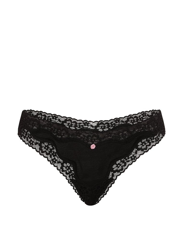 Tanga de bumbac cu dantelă - Margine din dantelă. Produsul este negru și provine din colecția Lace Trim.