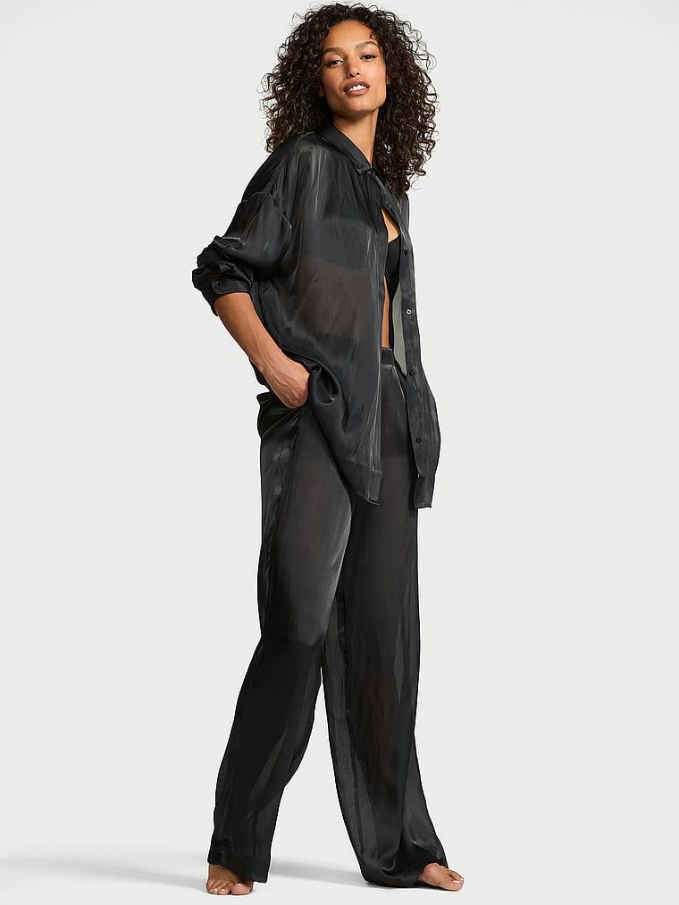 Victorias Secret Set pijama lungă din satin transparent de lux cu nasturi în față