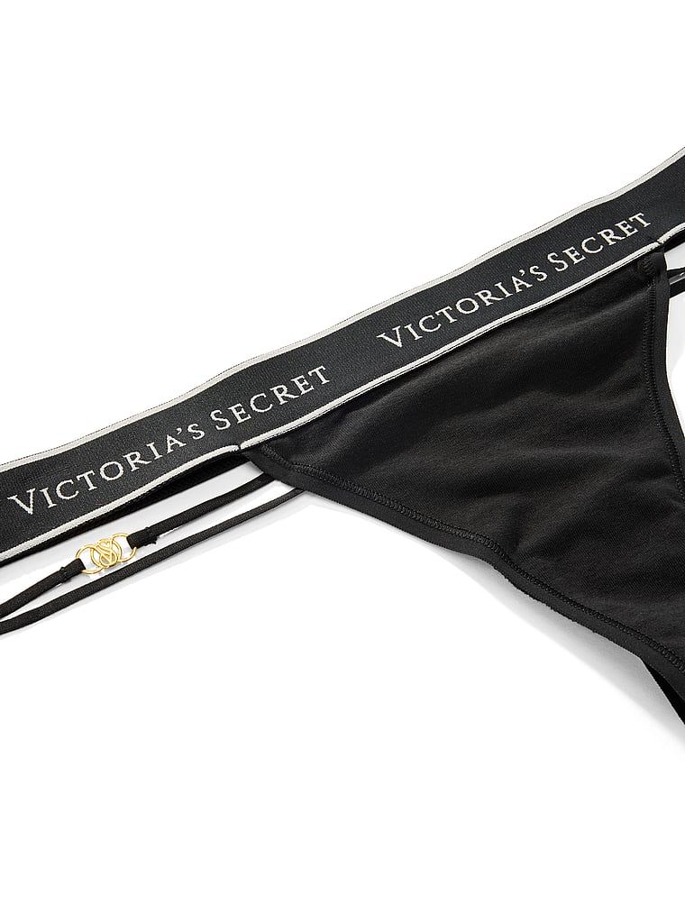Tanga de bumbac cu logo și bretele: Strappy. Produsul este negru și provine din colecția Cotton.