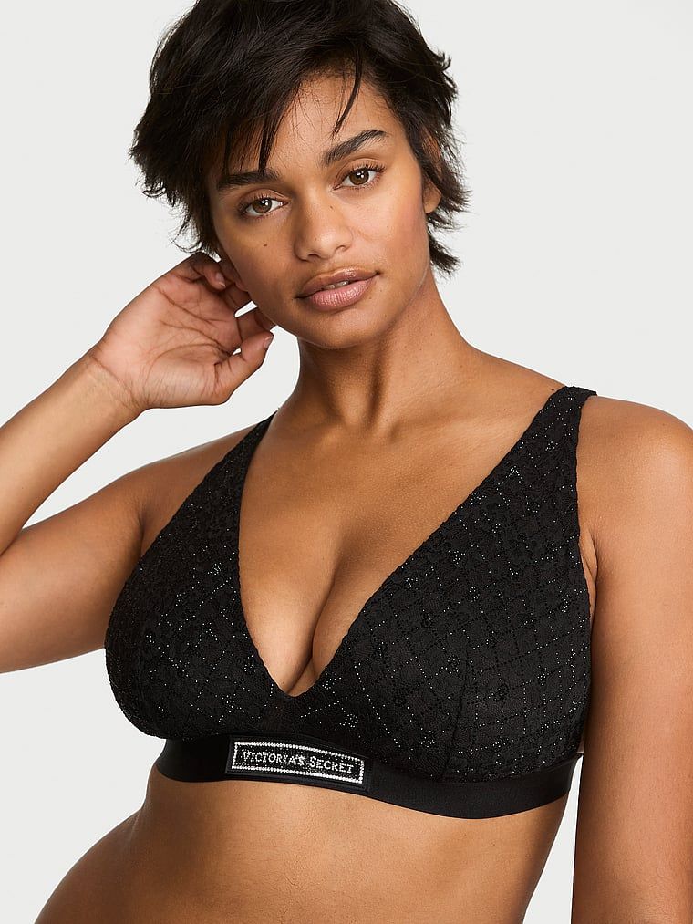 T-shirt Sutien Bralette din dantelă cu logo strălucitor, fără sârme și cu decolteu adânc