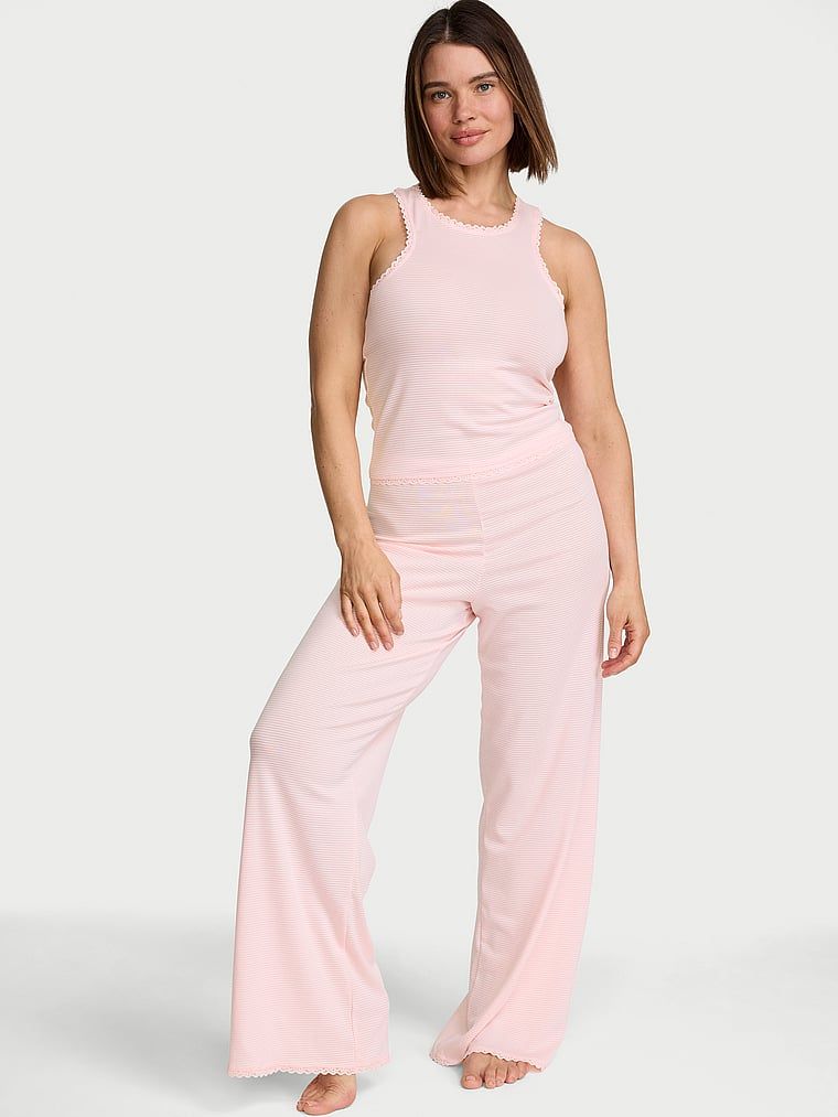 Victoria's Secret Set maiou și pantaloni, din bumbac, cu dungi în nuanțe de gri