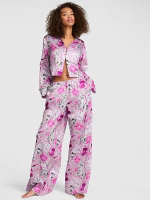 Set de pijama din satin cu bluză cu mânecă lungă și pantaloni GRWPINK