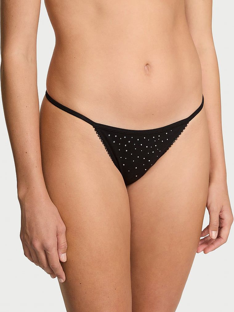 Tanga din bumbac cu paiete Sparkle. Produsul este negru și provine din colecția Victoria's Secret.