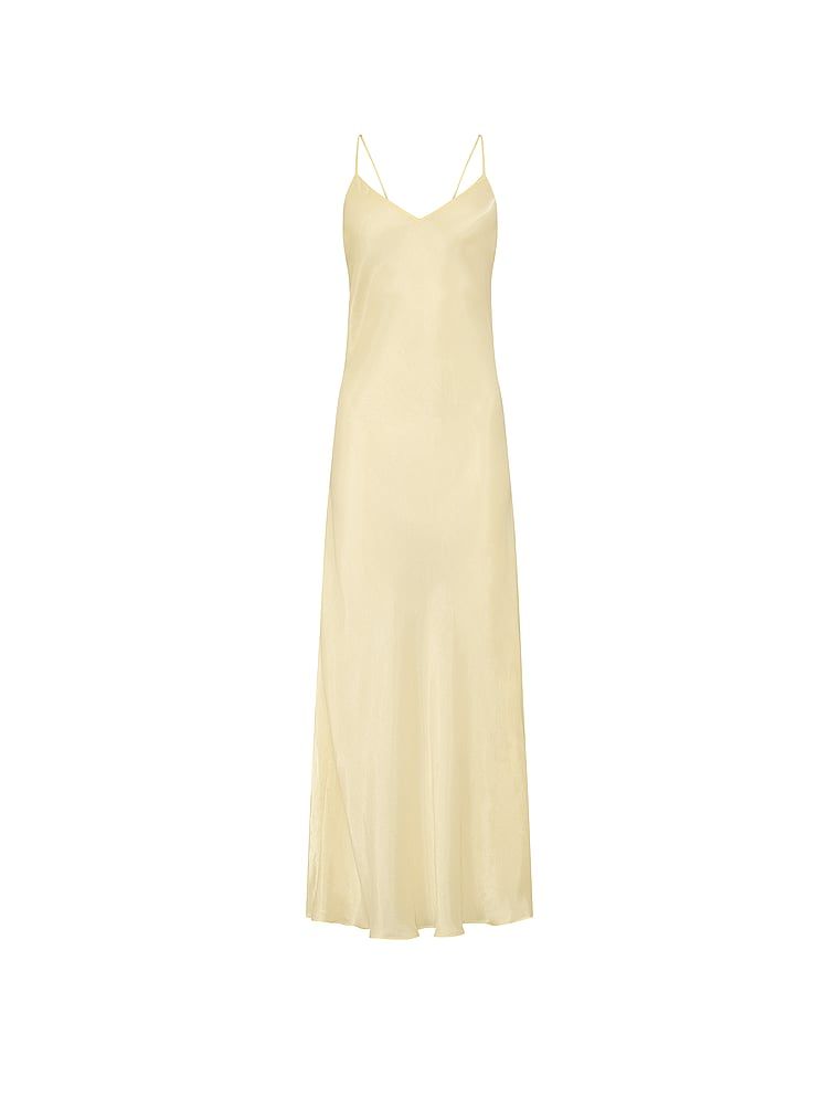 Rochie lungă, transparentă din satin, Luxe Sheer Slip. Produsul este galben și provine din colecția Victoria's Secret.