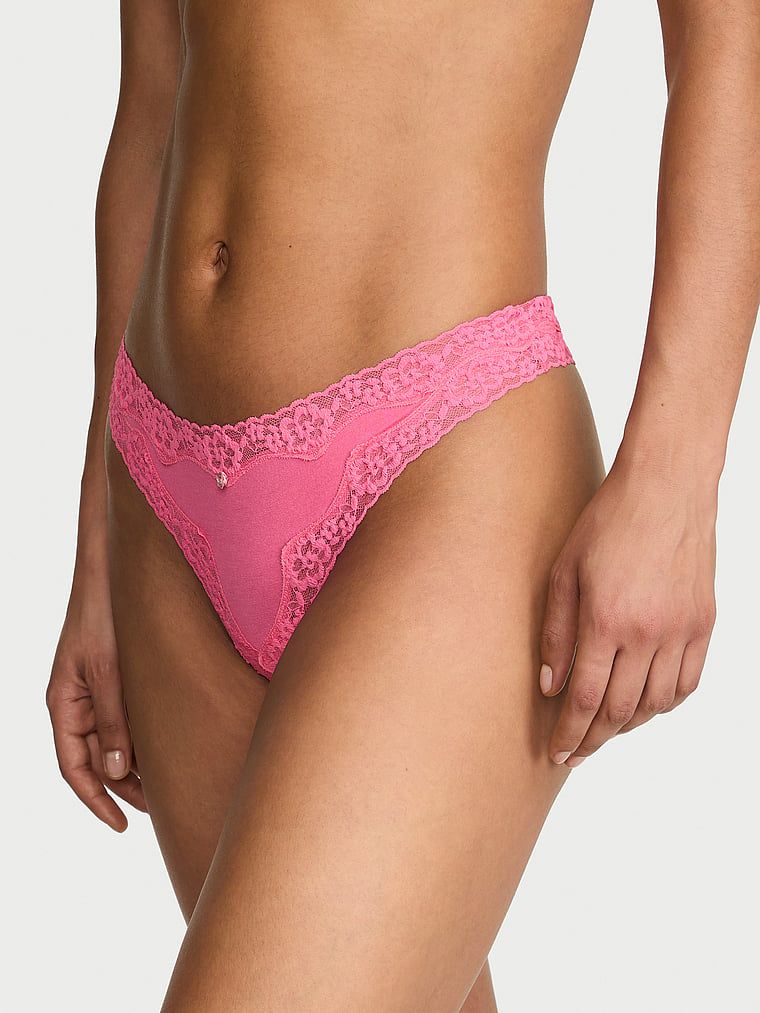 Lace Trim Chiloți Tanga din bumbac, cu talie din dantelă