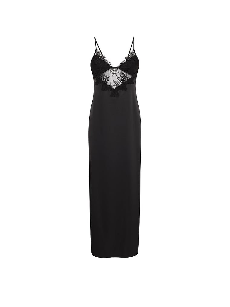 Rochie maxi din satin cu dantelă roz. Produsul este negru și provine din colecția Very Sexy.