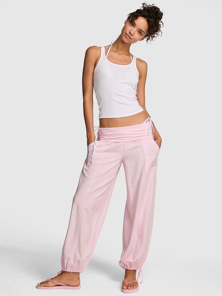 Pantaloni jogger din in cu talie pliabilă