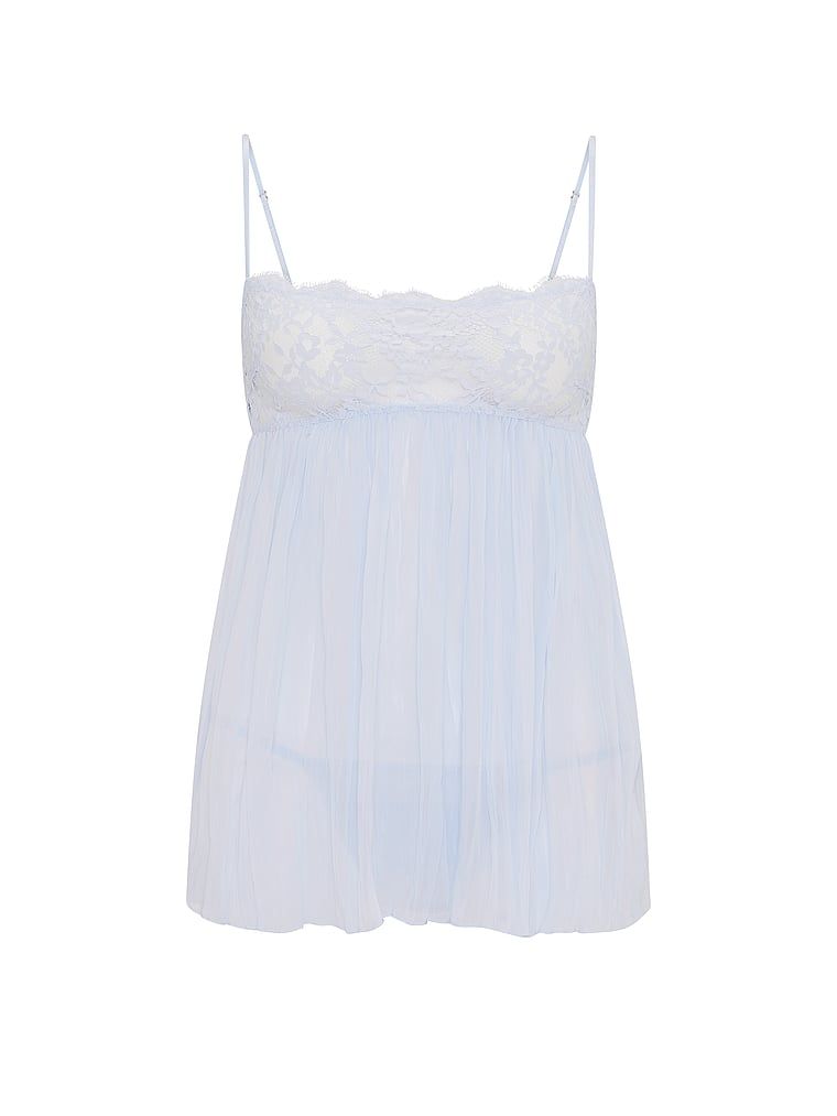 Jupona și tanga Dream Lace Folded Babydoll. Produsul este albastru și provine din colecția Dream Angels.