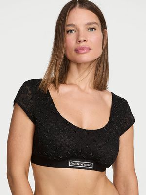 T-shirt Bustieră Bralette din dantelă cu logo strălucitor și mânecuțe