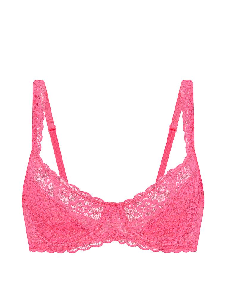 Sutien balconette din dantelă fără căptușeală. Produsul este roz și provine din colecția Victoria's Secret.
