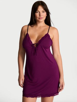 Victoria's Secret Rochie slip SoSoft din modal, cu margine din dantelă și cordon în față Tie-Front