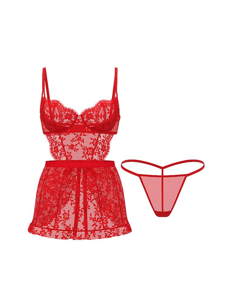 Șorț din dantelă și tanga Wicked Twinkle. Produsul este de culoare roșie și provine din colecția Dream Angels.