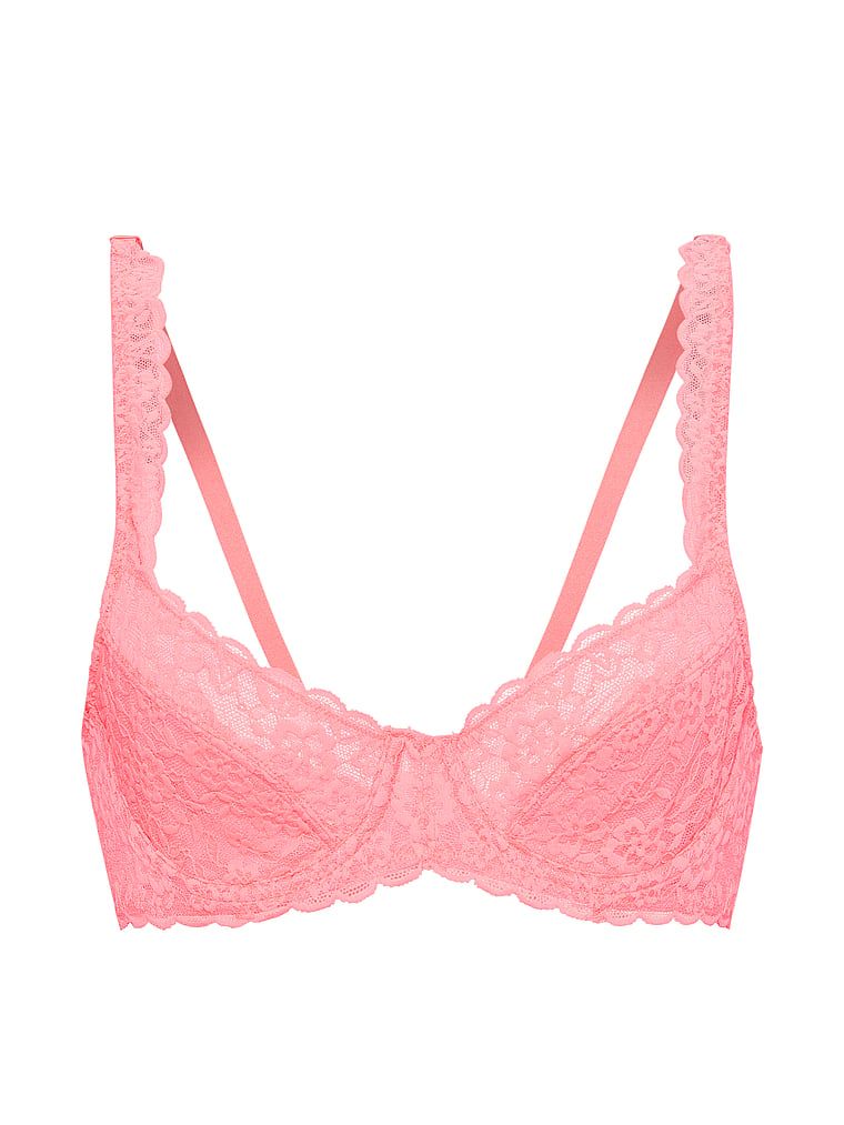 Sutien balconette din dantelă fără căptușeală. Produsul este roz și provine din colecția Victoria's Secret.