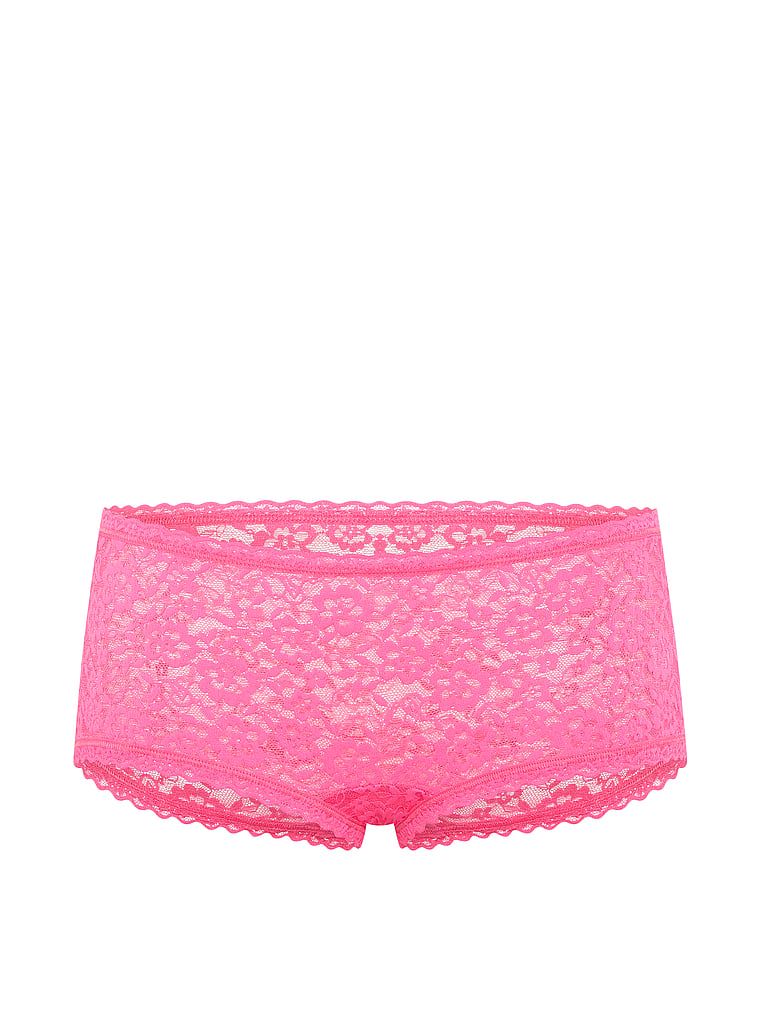 Pantaloni scurți din dantelă, pantaloni scurți cu talie joasă Boyshort. Produsul este roz și provine din colecția Lacie.