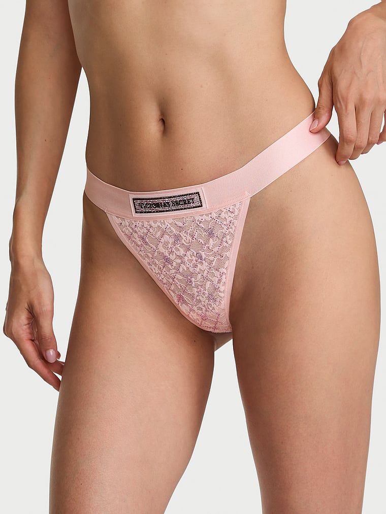 Cotton Chiloți V-String cu logo strălucitor din dantelă