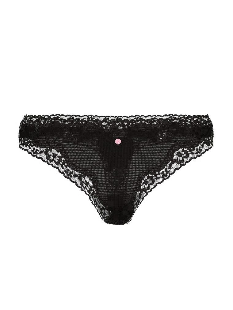 Tanga din bumbac cu dungi cu dantelă pe margini. Produsul este negru și provine din colecția Lacie.