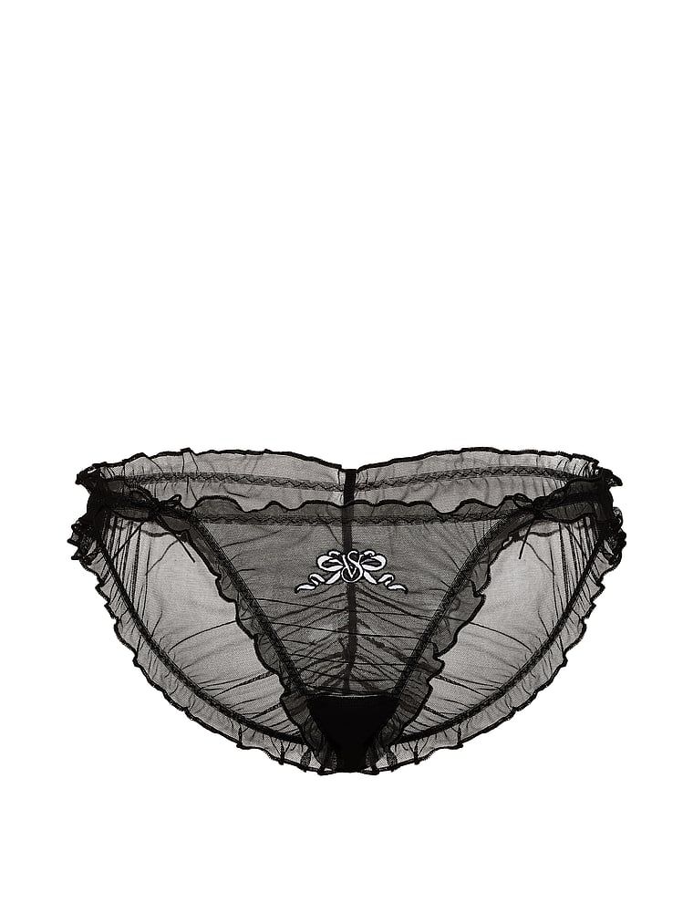 Chiloți de bikini din plasă cu volane. Produsul este negru și provine din colecția Dream Angels.