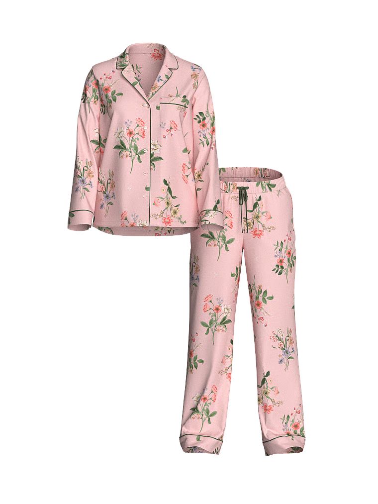 Pijamale din satin semnătură cu mâneci lungi. Produsul are un model floral și provine din colecția Victoria's Secret.