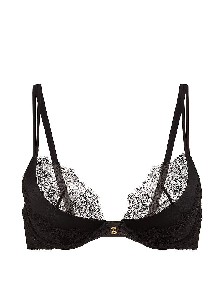 Sutien push-up cu inserții de dantelă cu decolț adânc. Produsul este negru și provine din colecția Very Sexy.