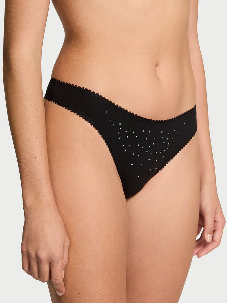 Tanga din bumbac cu paiete Sparkle. Produsul este negru și provine din colecția Victoria's Secret.
