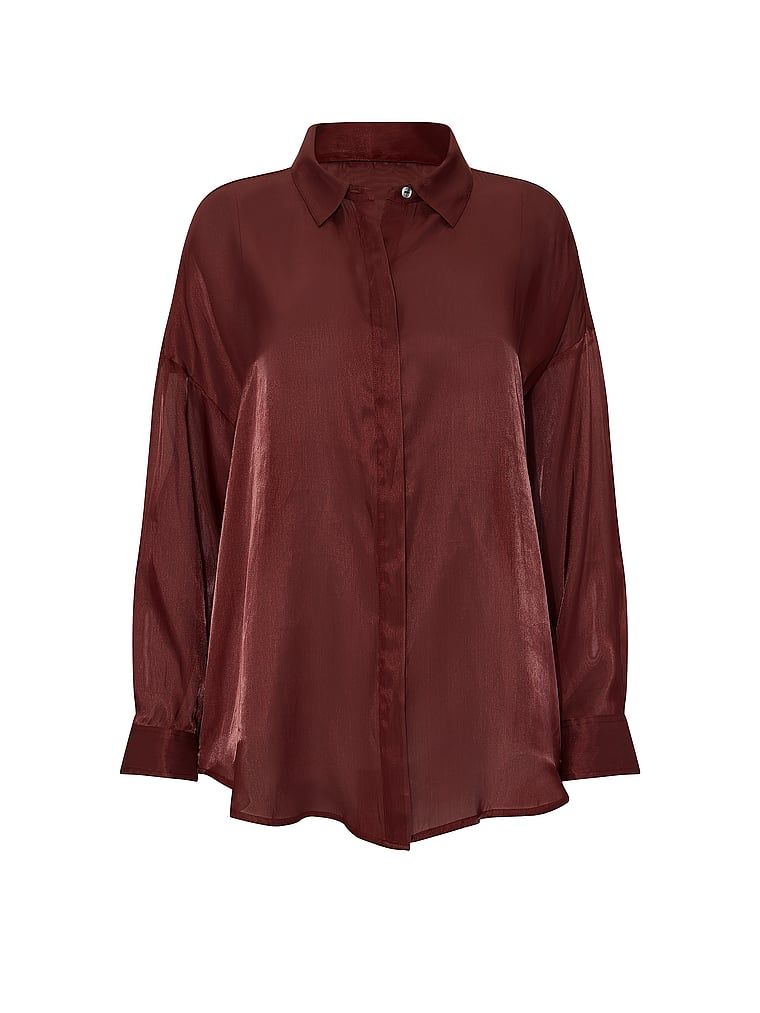 Bluză Luxe Sheer din satin transparent. Produsul este de culoare maro și provine din colecția Victoria's Secret.