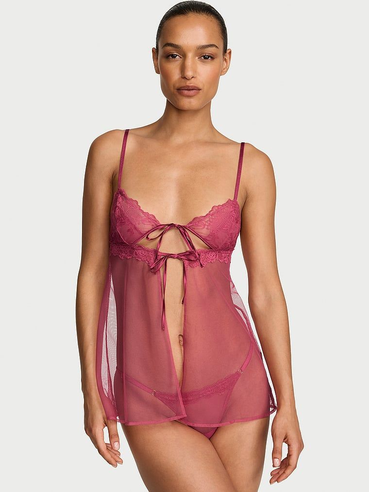 Very Sexy Set Babydoll Triunghiular din dantelă transparentă cu trandafiri