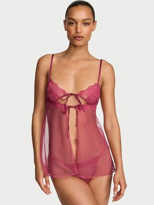 Very Sexy Set Babydoll Triunghiular din dantelă transparentă cu trandafiri