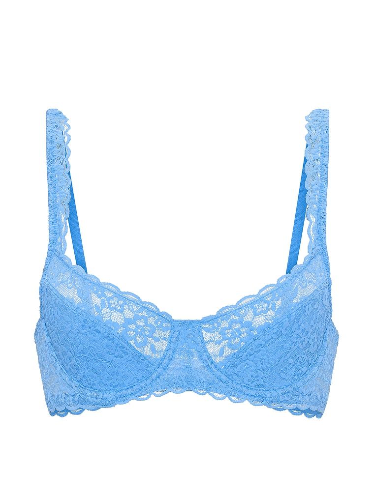 Sutien balconette din dantelă fără căptușeală. Produsul este albastru și provine din colecția Victoria's Secret.