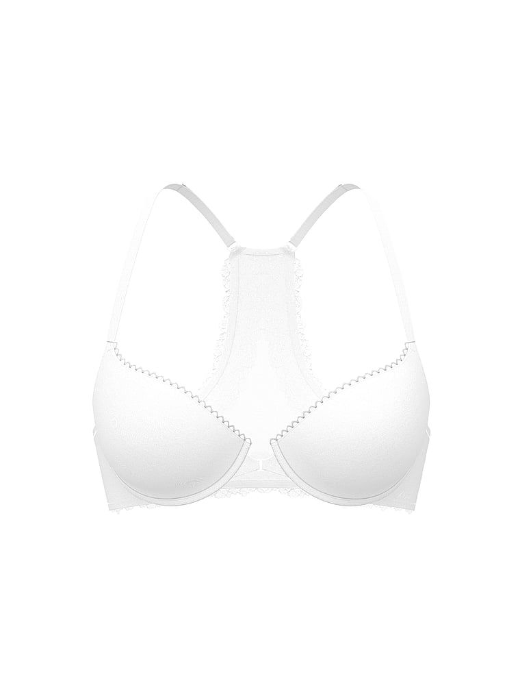 Sutien push-up fixat în față cu dantelă pe spate, Racerback. Produsul este alb și provine din colecția Body by Victoria.
