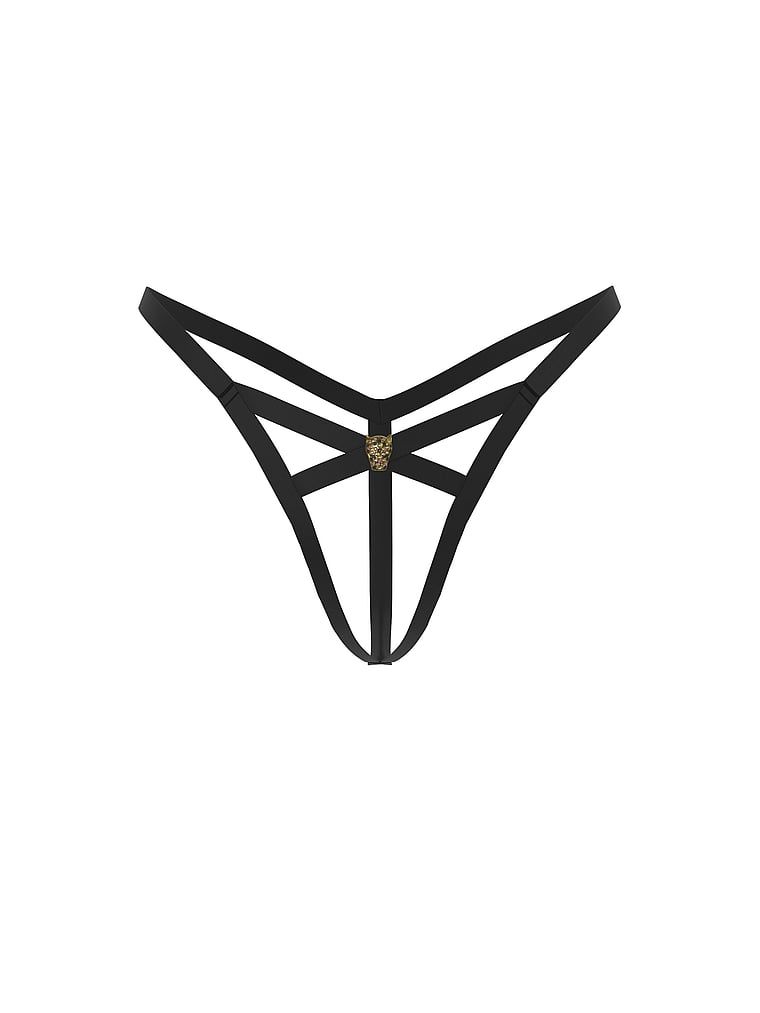 Tanga cu bretele fără zona inghinală Shine Leo Hardware. Produsul este negru și provine din colecția Very Sexy.