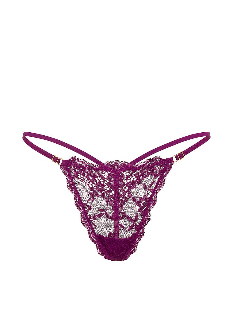 Tanga din dantelă cu curele reglabile V-String. Produsul este de culoare mov și provine din colecția Dream Angels.